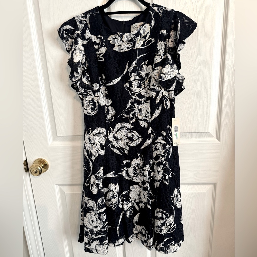 Navy Floral Ruffle sleeve dress